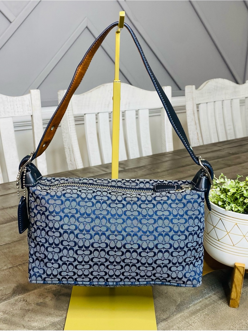 Vintage Coach Blue Signature Jacquard Demi Pouch Baguette Shoulder Bag Y2K
